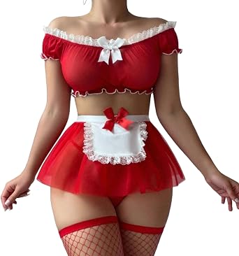 Sexy Maid Outfit Set Off-Shoulder Mesh Top Mini Skirt Halloween Costumes