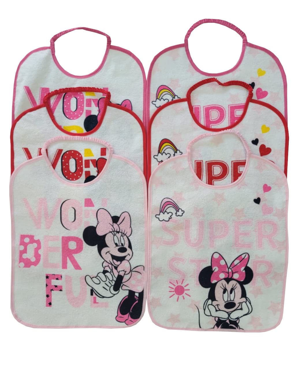 Lot de 6 grands bavoirs en éponge, personnages différents pour l'école maternelle en plastique avec élastique, modèles assortis pour fille 36,5 cm x 28 cm