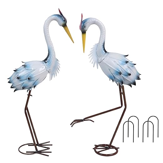 YEAHOME Garden Decor Outdoor Statues, 22"/20" Large Metal Heron Standing Yard Art, Blue Crane Lawn Sculptures Garden Decor for Outside Patio Porch Backyard, Set of 2