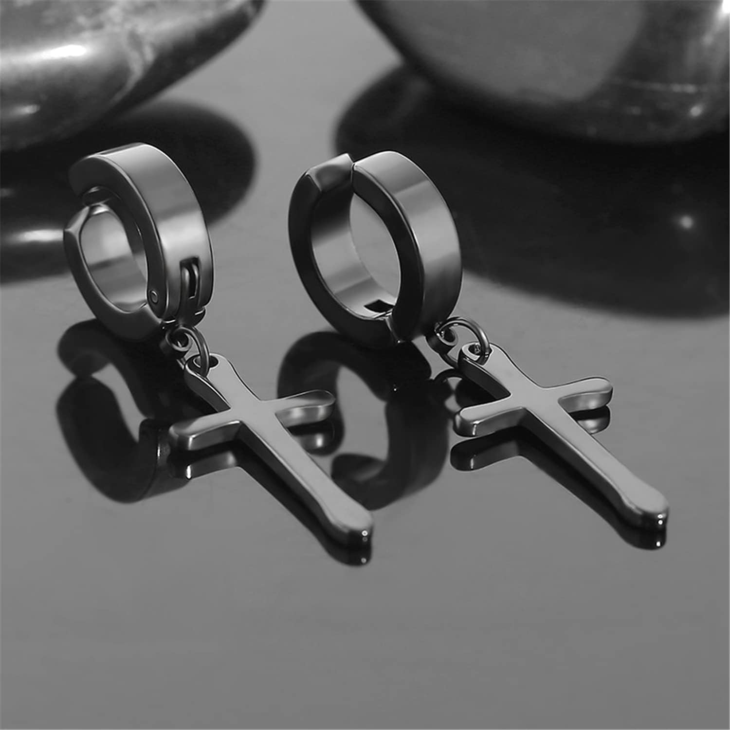 ANDPAI Personalized Punk Vintage Stainless Steel Cross Dangle Hoop Earrings Black Silver Hinged Huggie Cross Ring Drop Earrings for Men Women - Image 5