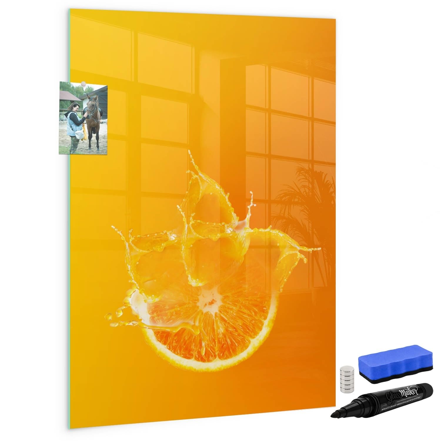 Glas-Magnettafel Für Home-Office 70x100 cm Orangensaft Schwarzer Stift | Neodym Magnete 5 | Schwamm | Zubehör-Set | Starke | Haftkraft | Taftel-Set | Zubehör | Marker-Set | Notiztafel