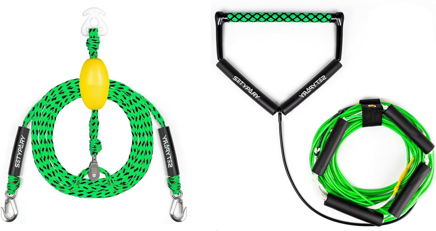 Self-Centering Boat Tow Harness (Green & Black) & 75FT Dyneema Wakeboard Rope (Green) Combo – Floating Tubing Harness & No-Stretch Rope with Handle for Wakeboarding, Watersports