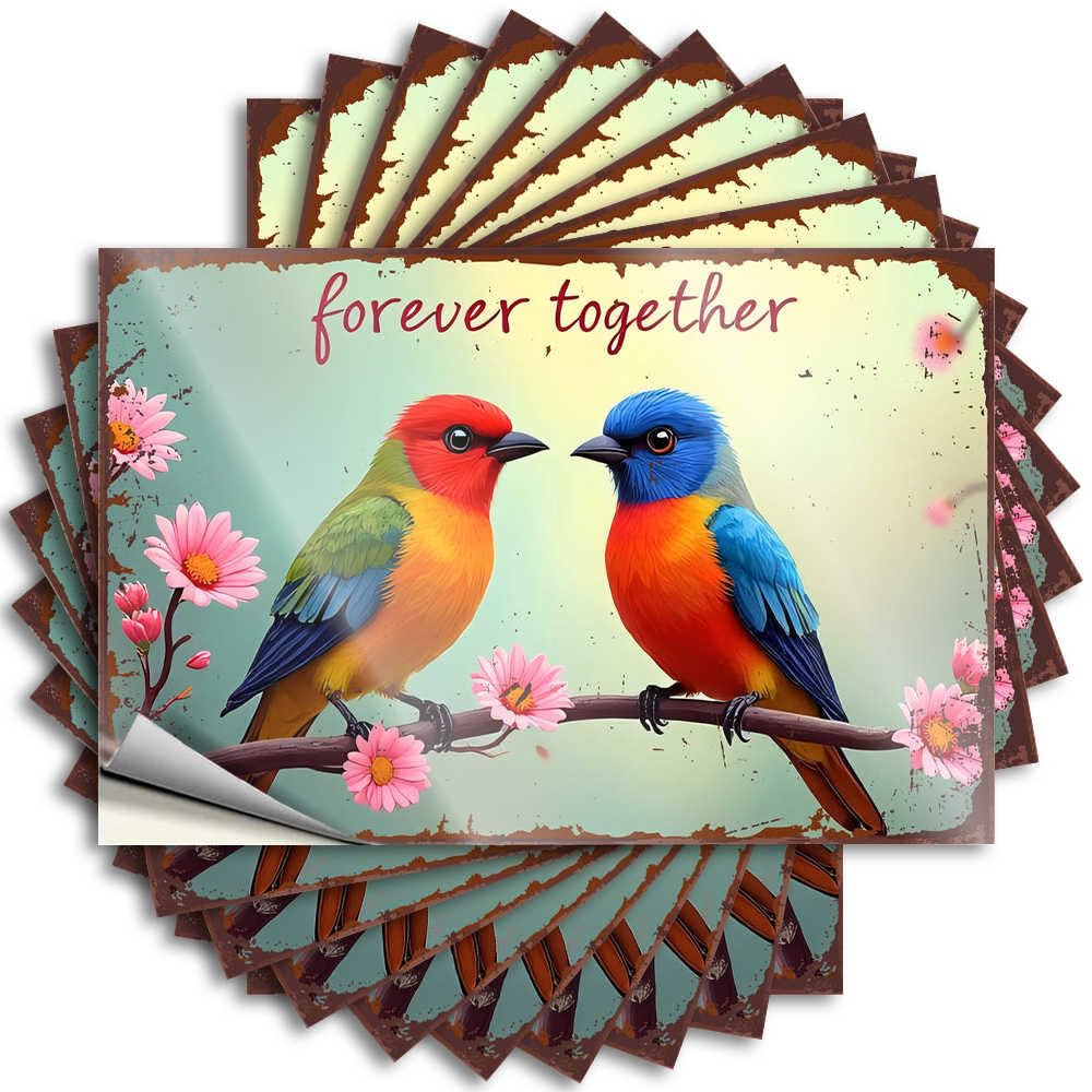 Lettering Sticker Front Door Decorations Waterproof Vinyl Sticker | Forever Together: A Colorful Bird Duo On A Branch with Pink Flowe Motivational Bottle for Outside DIY Projects(8X12CM)