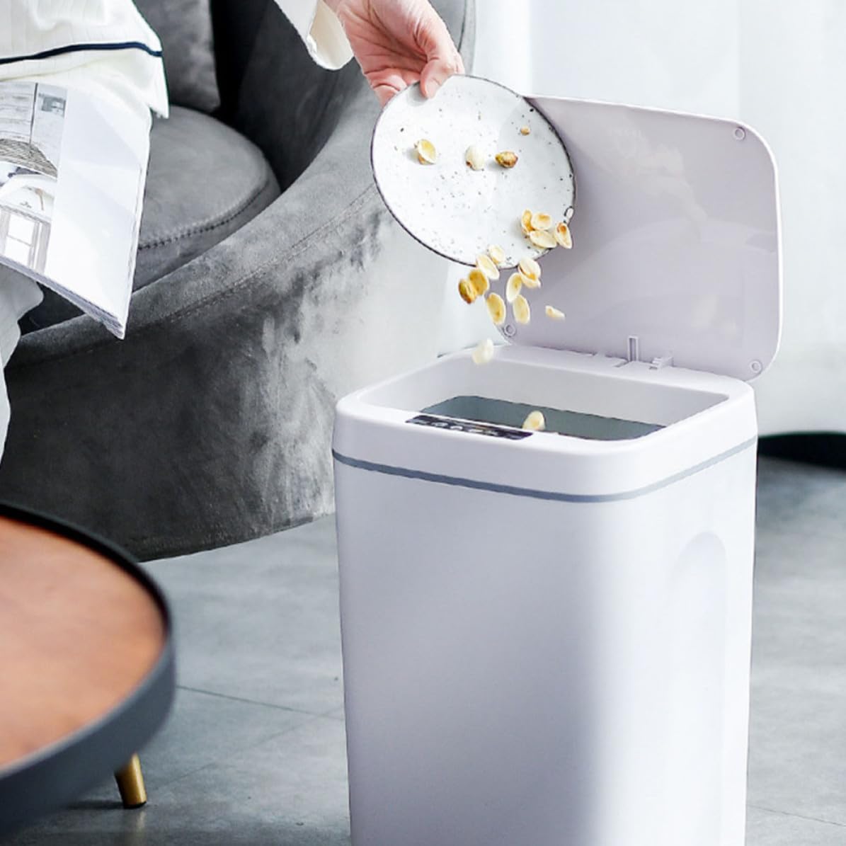 Poubelle la Cuisine Automatique Intelligente sans Contact, Plastique Blanc