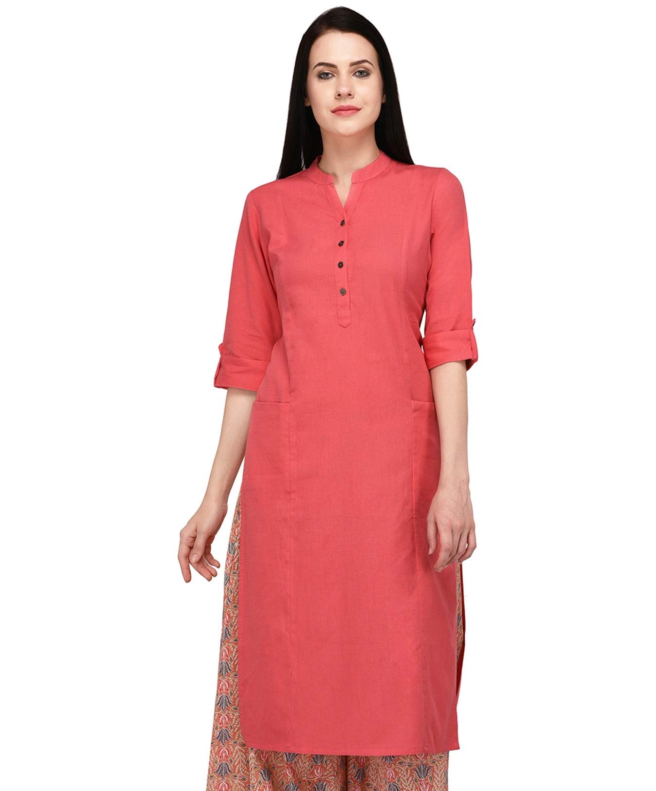 Pistaa's Women's Cotton Relaxed Fit Straight Solid Kurta With Two Patch Pockets