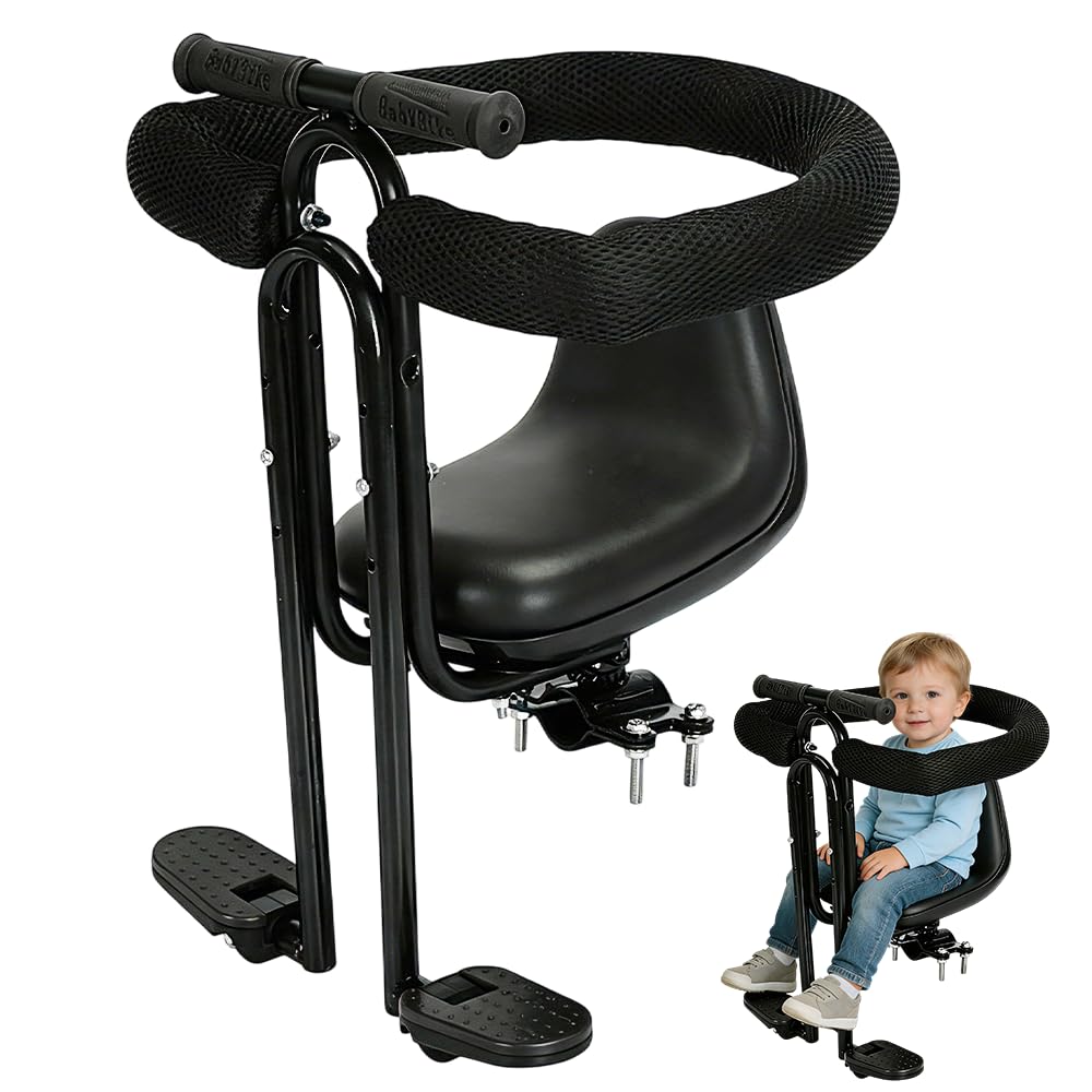 Bicycle Front Seat, Kids Bike Seat Front Mount, Detachable with 4-Sided Foam Guardrail, Safety Belt and Foot Pedals, Adjustable Seat Toddler Bike for Children 1-5 Years, 110lbs Load with All Adult MTB