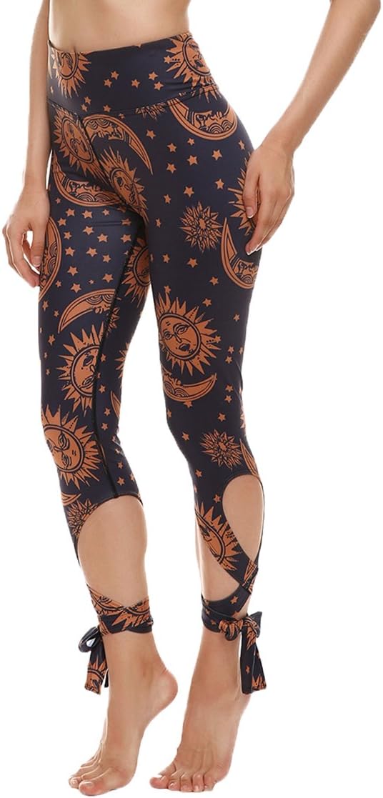 Womens Sun/Moon Print Skinny Capri Tights Yoga Pants Camel S