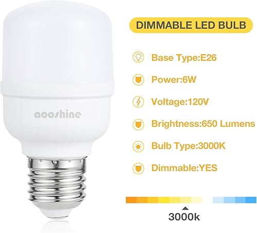 Miniatura 3 de aooshine Q50 Bombilla LED regulable  Bombilla LED blanca cálida de 3000 K, base E26 estándar, 1 paquete, 650 lúmenes, 120 voltios y 6 vatios