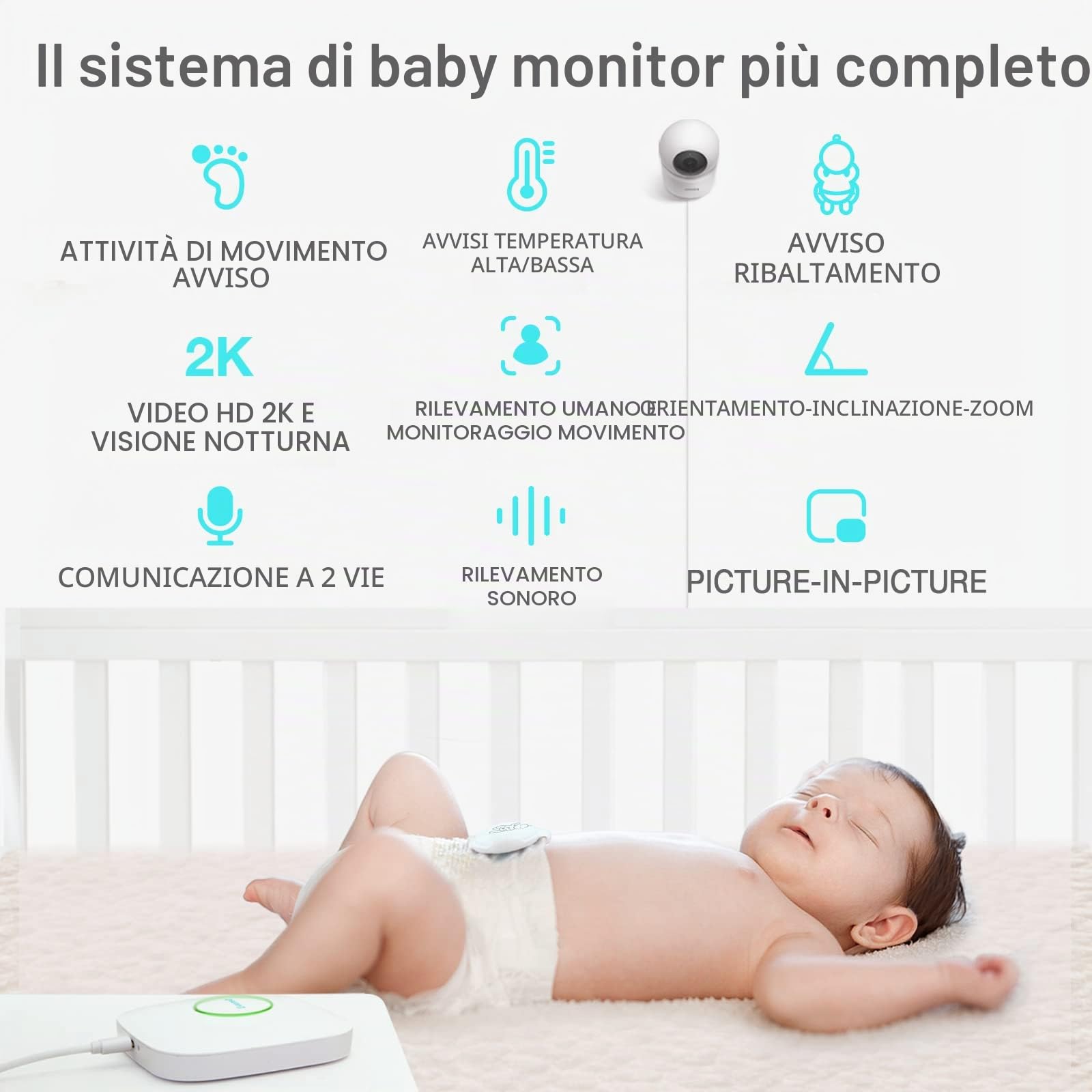 Sense-U Smart Baby Monitor 3+ Crystal Clear 2K Remote PTZ, rileva posizione sonno, Rollover, Sensori temperatura | Visione notte, conversazione bidirezionale, rilevamento