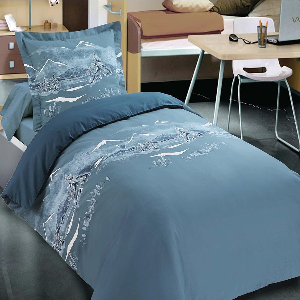 Parure de lit Nuit des Alpes - Motif Montagne Bleu et Blanc - 100% Coton