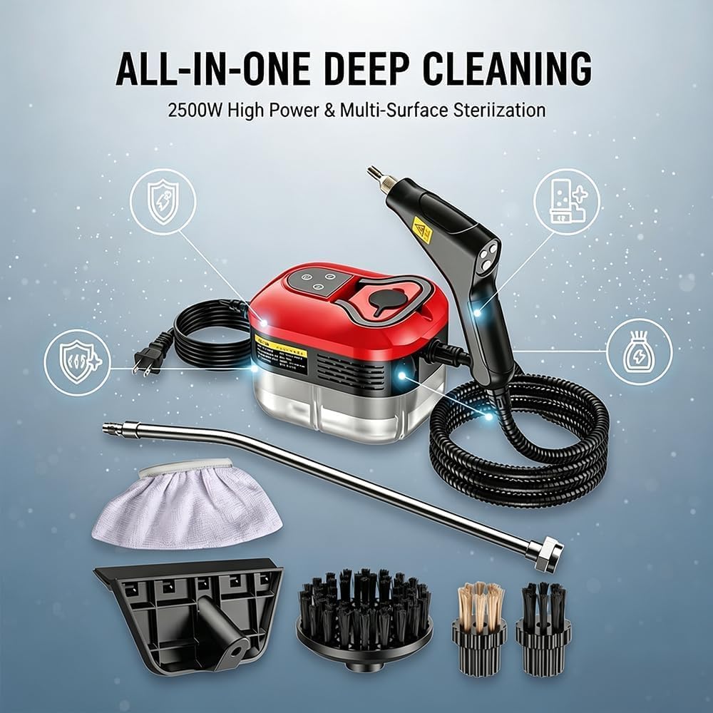 Portable Handheld Steam Cleaner: High Temperature Pressurized Steamer - Cleaning Machine with 6 levels Adjustable Steam for Multi-Surface, Kitchen, Bathroom, Furniture, Car, Windows (red)
