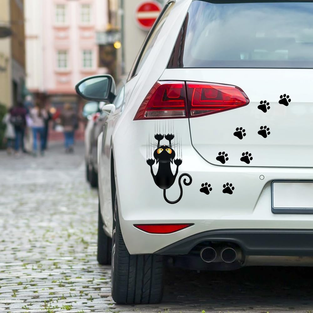 Adesivo per auto con gatto nero, simpatico adesivo per auto, con gatto nero, divertente, per auto, gatto, con 12 pezzi, con stampa a zampa (occhio giallo)