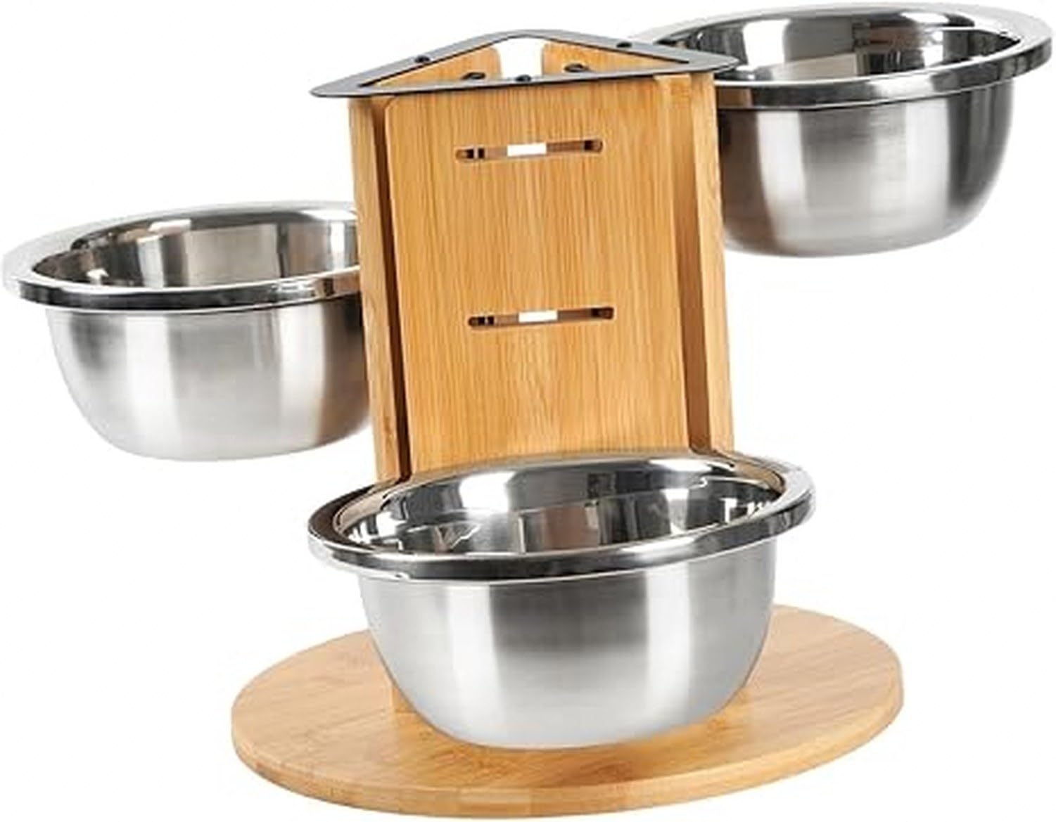 Erhöhte Katzennäpfe mit Holzständer für 3 Näpfe, Schräg gestellter Katzenfutterspender & Hundefutternapf mit Wasserbehälter für Katzen, Welpen & Hunde, Anti-Sch, Height Adjustable (3 Bowls)