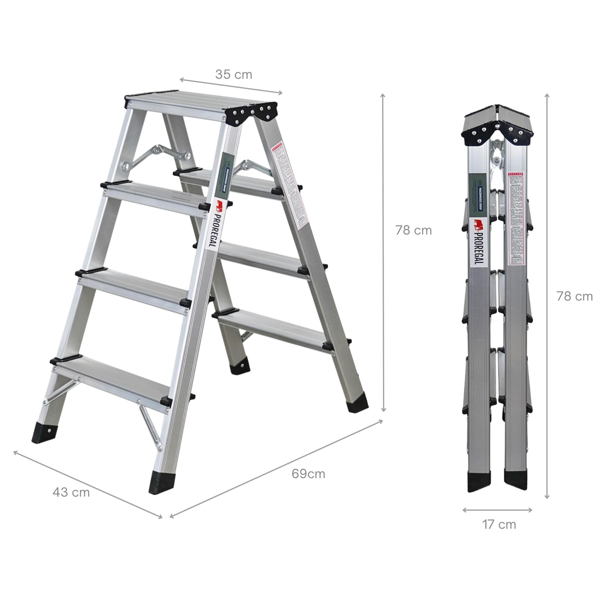 PROREGAL Escabeau Pliant Apollo 4 marches Échelle Double Accessible des Deux côtés, Charge maximale 150 kg 78x35x69cm Aluminium antidérapant légère Tabouret