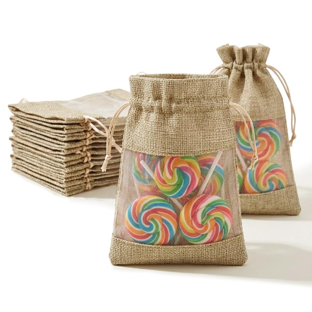 HASTHIP® Linen Burlap Organza Gift Bags with Drawstrings for Favors