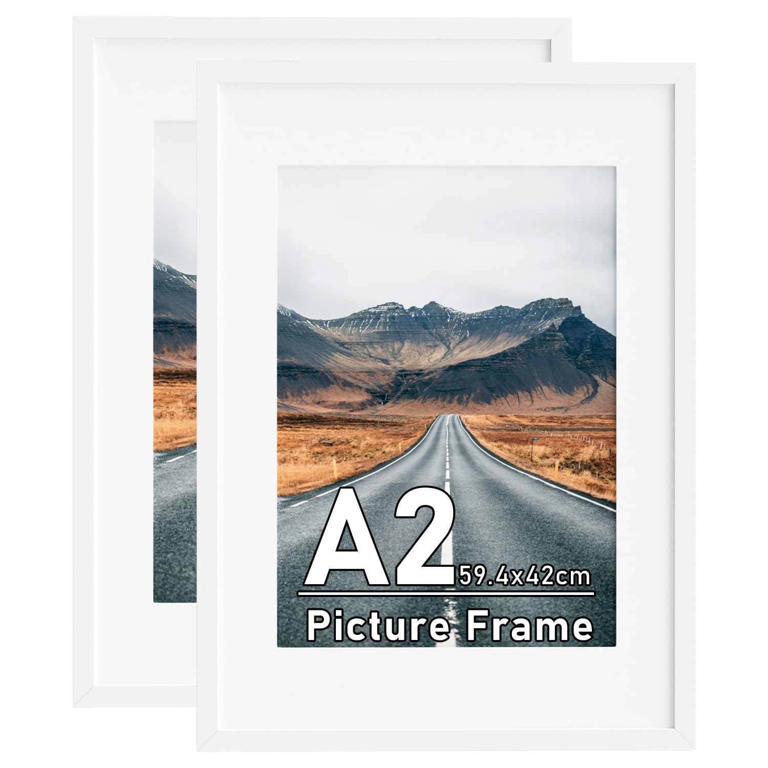 A2-Bilderrahmen mit abnehmbarem A3-Passepartout, Wandmontage, Weiß, 2 Stück | 42 x 59,4 cm Bilderrahmen mit 29,7 x 42 cm Passepartout, zur Wandmontage, horizontal und vertikal