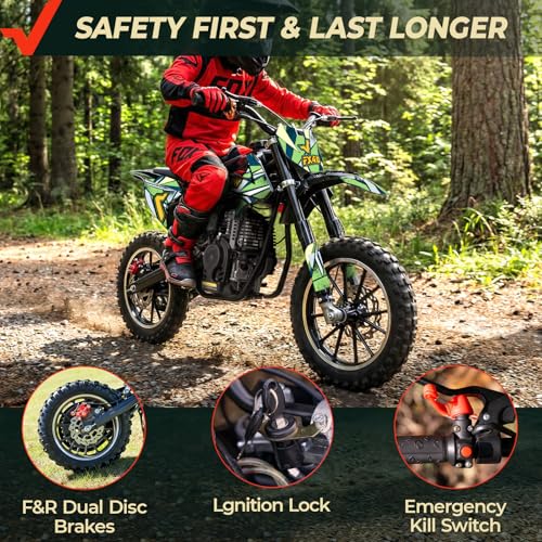 Image of FRP FX40-Ogemaw Teens Dirt Bike, 40cc 4-Stroke Gas Powered Mini Motorcycle with Goggles, Neck Gaiter, Gloves, Pull Start Trail Bike, Dual Disc Brakes, Speed Limiter, 20 MPH, 132 LBS Capacity,Green