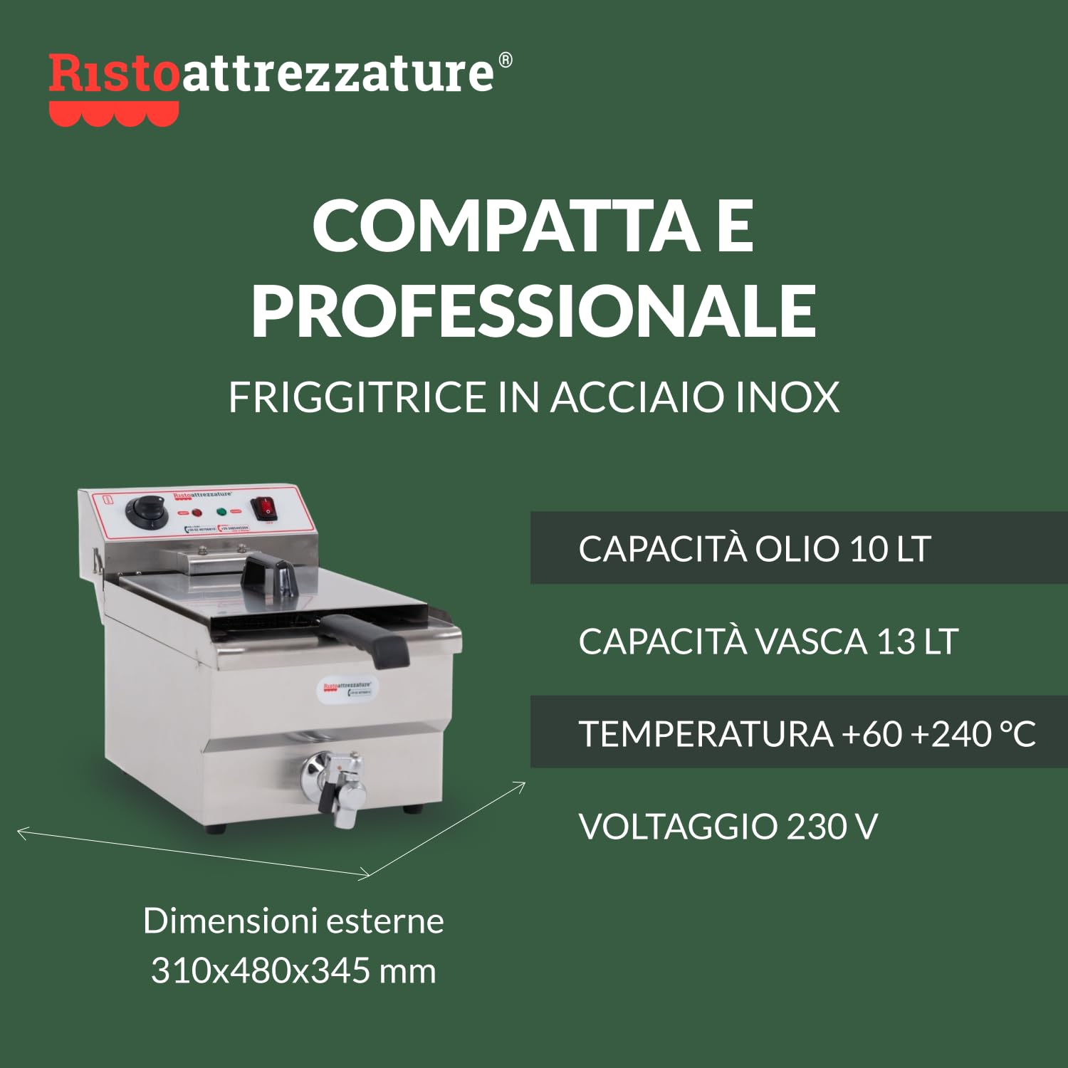 Ristoattrezzature Friggitrice Elettrica Singola Vasca, Professionale in Acciaio Inox - con Rubinetto di Scarico - 13 Litri, Capacità Olio 10 Litri - 220 Volt