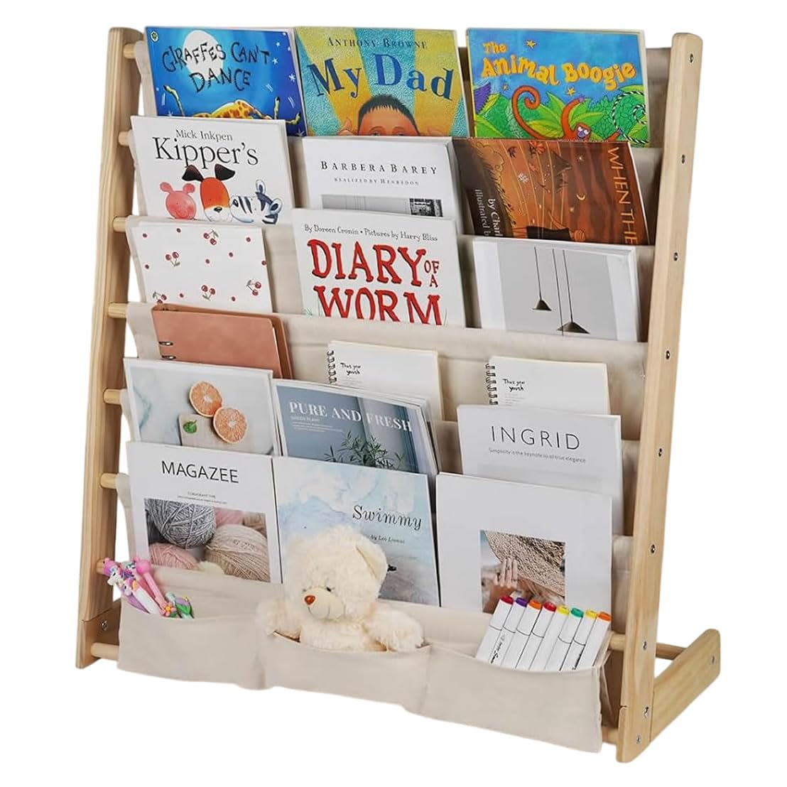 HDView Kids Bookshelf 7 Tier Wooden Book Organizer Toddler Book Sling Rack with Deep Sleeves for Boys Playroom Nursery Bedroom, Space Saver, Up to 200