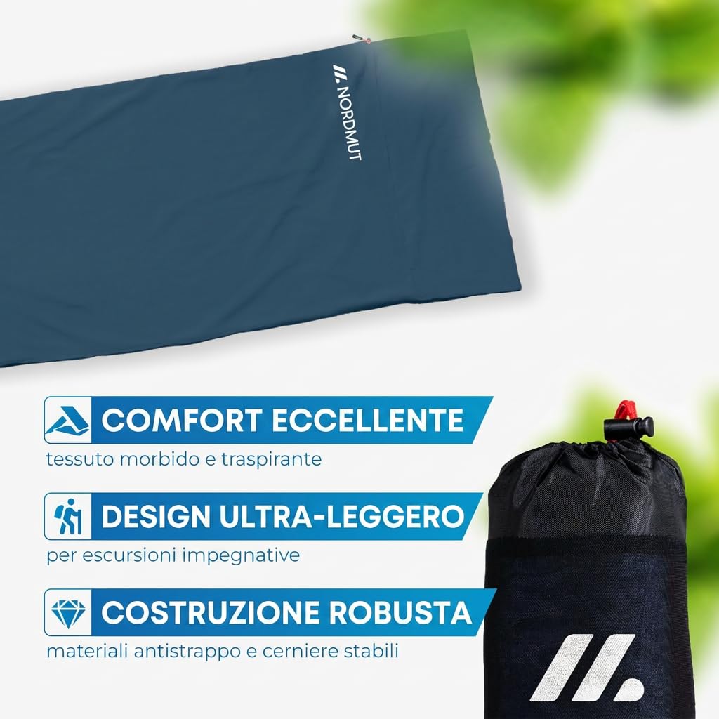 NORDMUT® Sacco a pelo ultraleggero in microfibra o cotone – Sacco a pelo da viaggio traspirante [220 x 90 cm], piccolo ingombro & particolarmente morbido con scomparto per cuscini