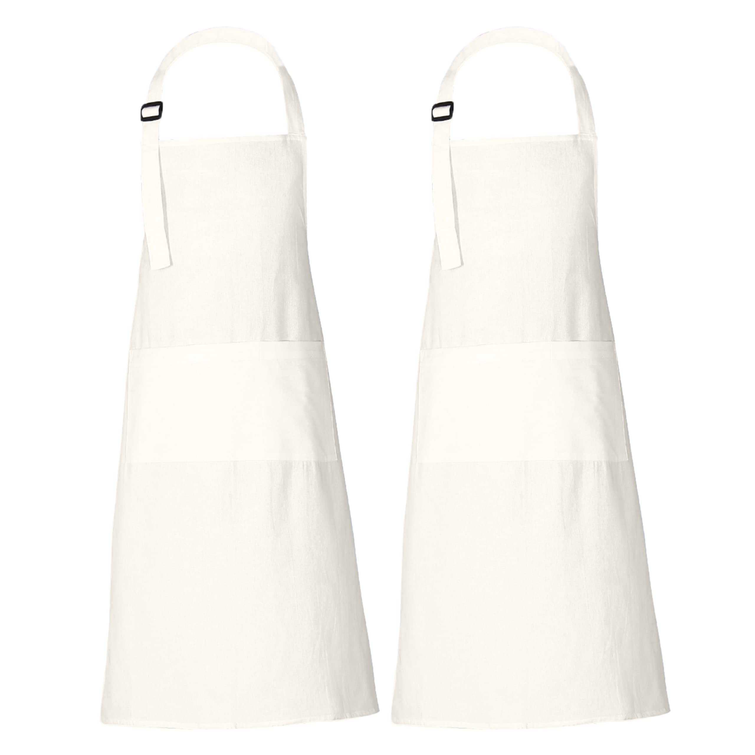 RAJRANG Marshmallow White Cotton Kitchen Apron with Adjustable Neck Strap and 3 Utility Pockets, Unisex Cooking and Baking Apron 89 x 69 cm Pack of 2