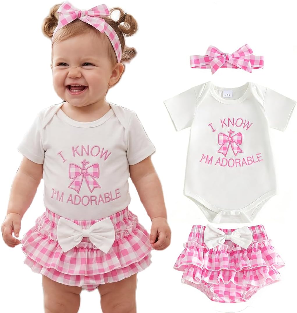 Newborn Baby Girl Summer Clothes Bow Headband Embroidery Short Sleeve Romper Bubble Shorts Set Outfits for Girls