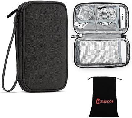 Tumecos 充電器ポーチ トラベルポーチ モバイル用品収納ポーチ デジタルアクセサリー収納ケース 小物入れポーチ Pc周辺小物整理 収納ポーチ ハンドル付き 出張 旅行 軽量 ブラック Tumecos