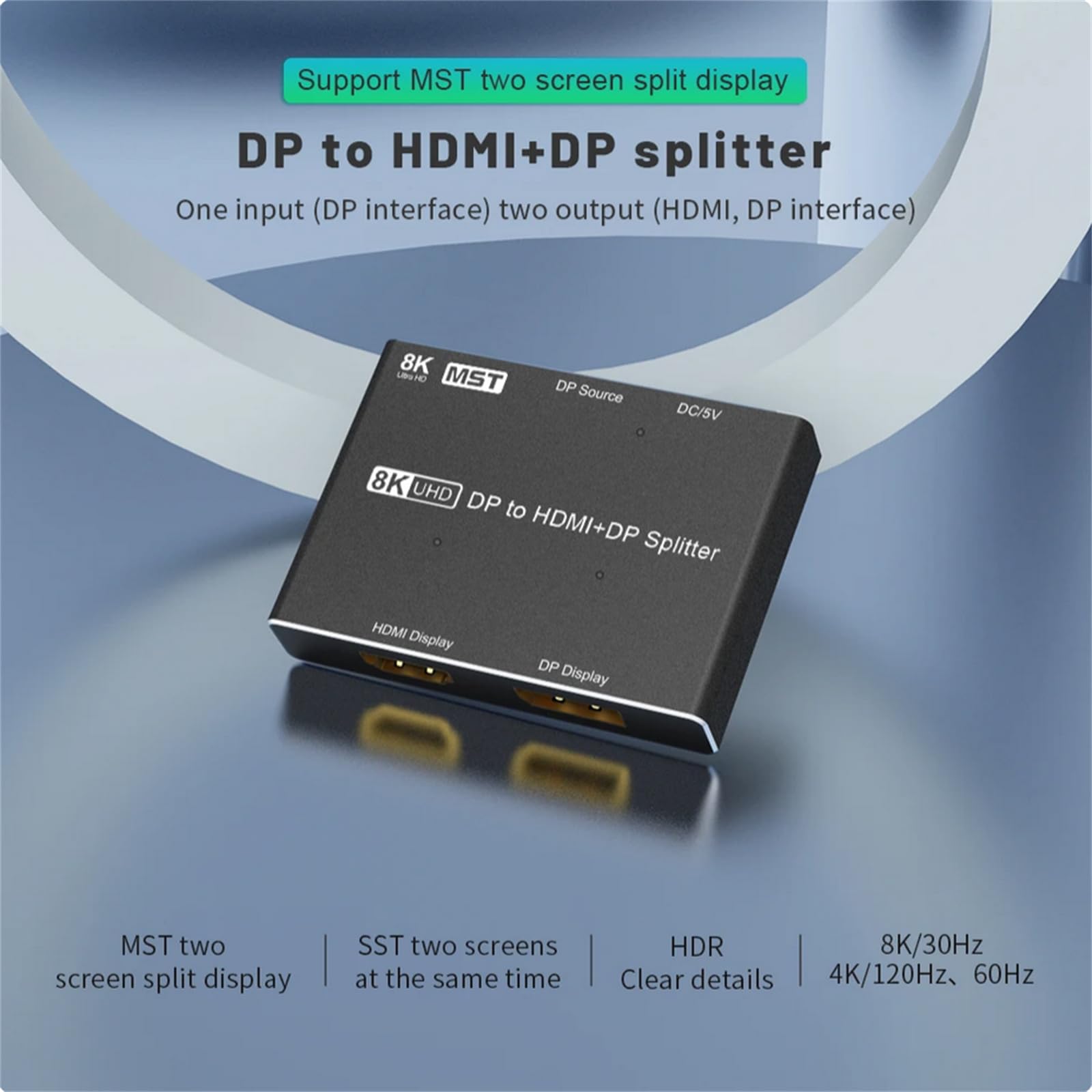 1x2 DisplayPort na HDMI/DP Splitter, Multi Monitor Adapter DP na HDMI DP Hub, 8K 30Hz