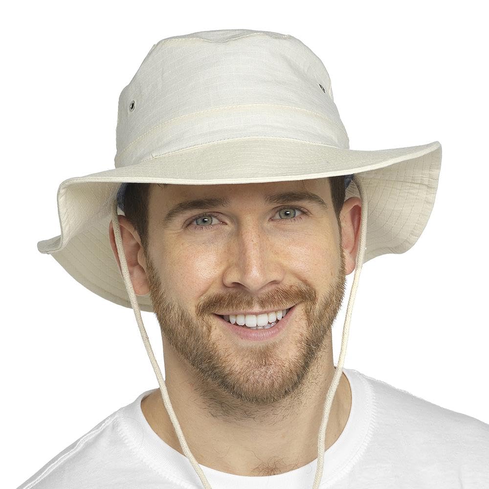 A2Z Mens Sun Hats Safari UV Protection Wide Brim Summer Hat Cotton Breathable for Fisherman, Hiking, Boonie - Men Safari Hats AZ4813 Natural M/L