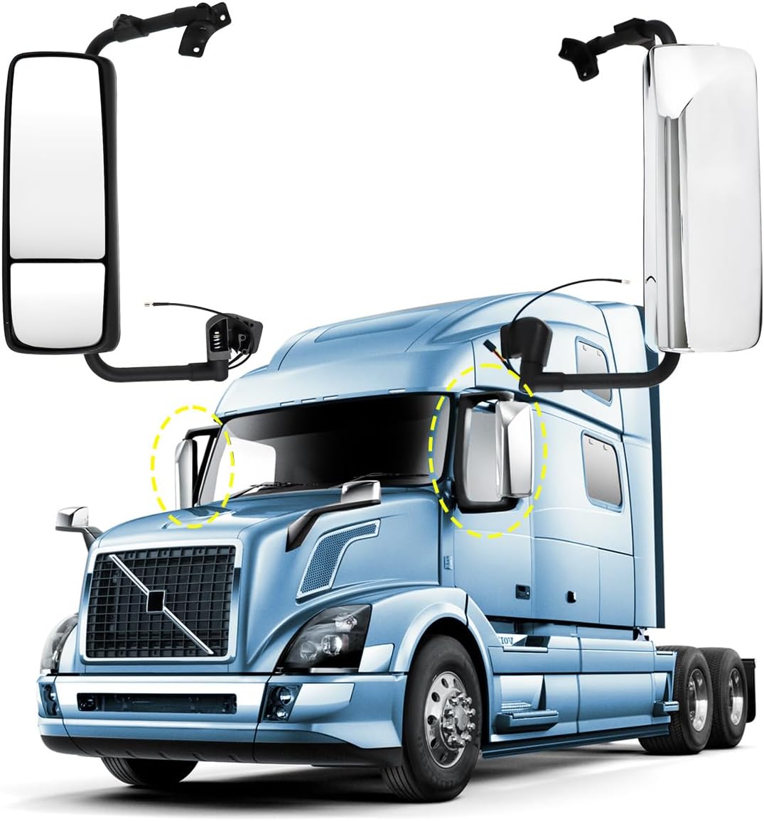 Door Mirror Assembly with Arm Fit For Volvo VNL 2004-2017,Truck Door Mirror Heate Chrome Housing Driver Side (Chrome, Left) Chrome Left