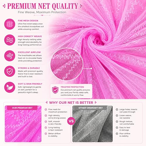 Image of Mosquito Net for King Size Bed & Double Bed (6x7 ft, Wall /Hook Hanging) Poly-Cotton Blend Fabric with Zigzag Wave Line Pattern, Pre-Fitted Bottom & Cotton Ribbon (Frame Not Included-Bright Pink)