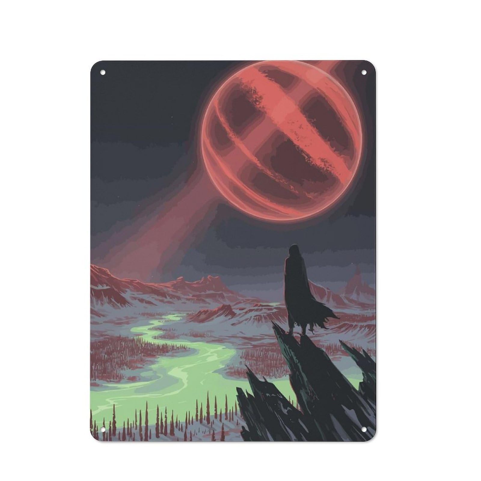 Junmoney Red Planet Landscape With Cloaked Figure For Garden Room Or Summerhouse, Rustic Tin Sign 40X30cm, Wall Decor For Garden Rooms And Summerhouses