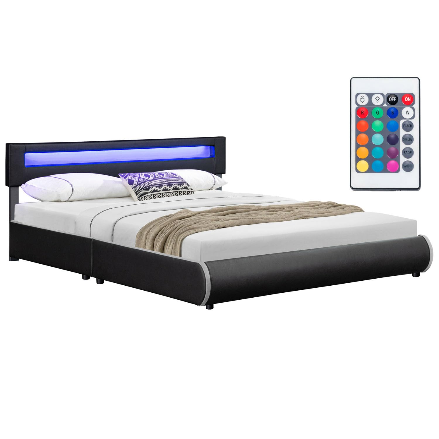 Juskys Polsterbett Sevilla 180x200 cm mit LED Beleuchtung, Lattenrost & Kopfteil – Schwarz