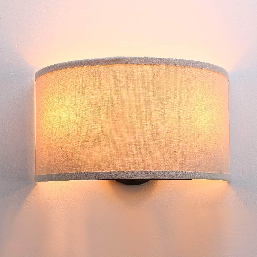 Yosoan Vintage Industrial Fabric Wall Light Wall Sconces Lights, 2 in 1 Beside Wall Lamp for Living Room Bedrooms Kitchen Dining Room Hallway,Arc-Shaped Line Lampshade,E27 (Beige Fabric Lampshade)