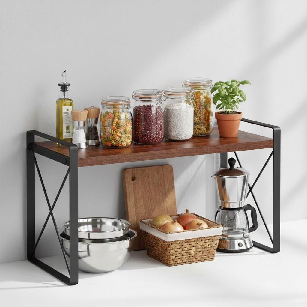 FireBees Wooden kitchen organizer rack | counter top Shelf Organisers & Shelf Riser | Wooden Kitchen Storage Stand | Decorative spice Rack for Kitchen | masala stand |6x16x10 inch,Dark brown