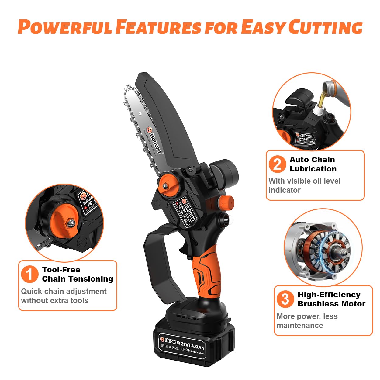 HOBUZA 6 Inch Brushless Mini Chainsaw - Cordless Power -8