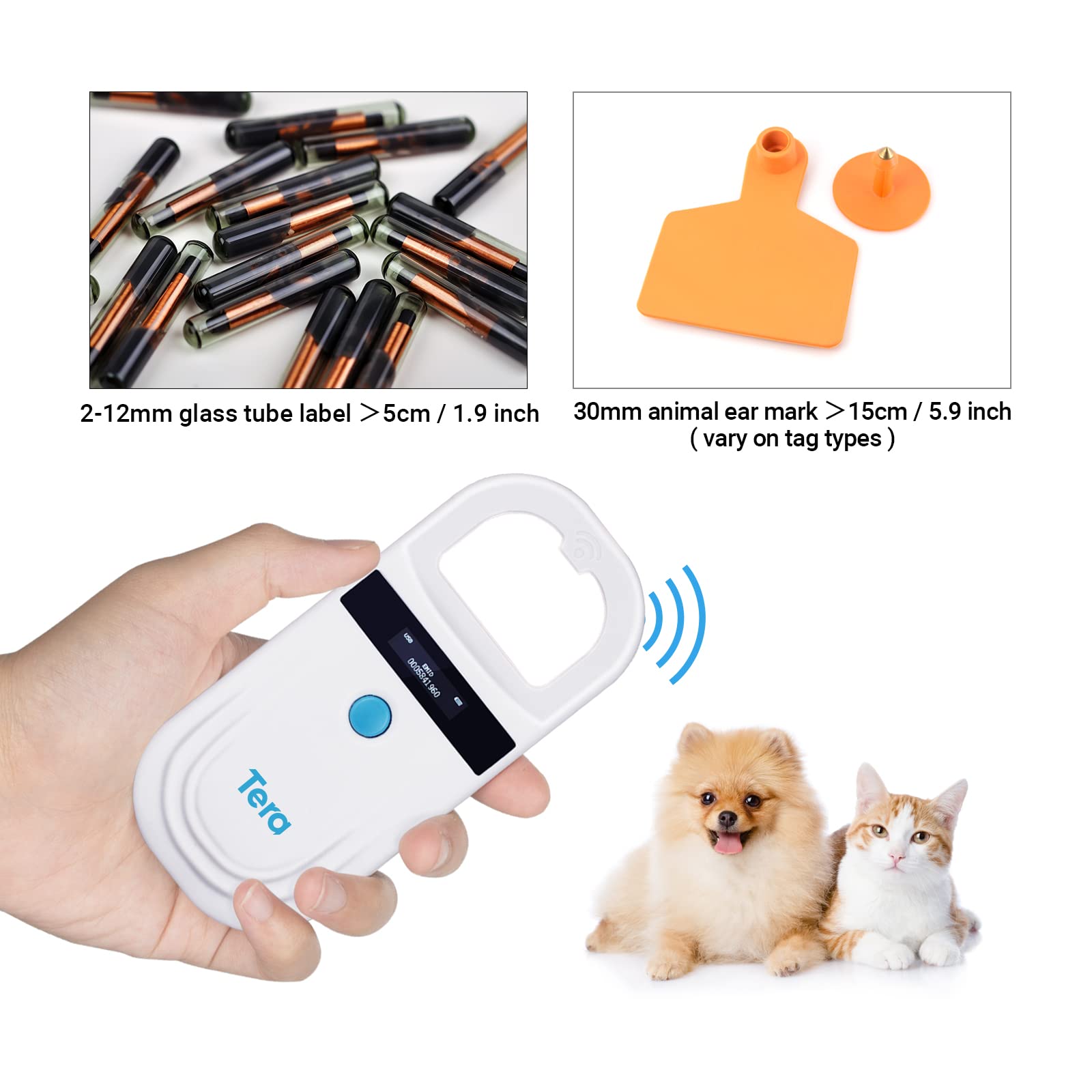Tera Porte Adresse pour Animaux Lecteur de Puce pour Animaux Scanner RFID Portable Animal puce ID Scanner avec écran OLED Rechargeable avec Boucle D