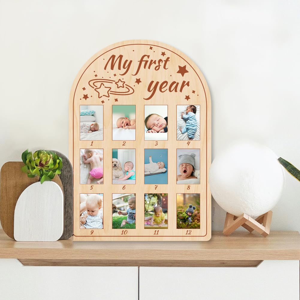 Tableau Photo 'My First Year' En Bois - 12 Emplacements Mensuels - 43 X 30,5 Cm - Souvenir Première Année Bébé - Décoration Chambre - 6