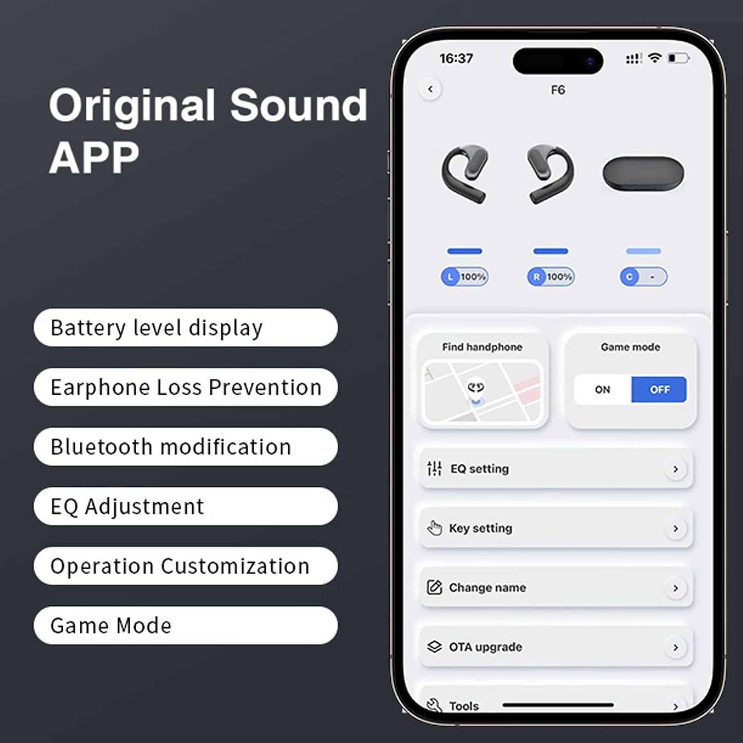 Screenshot of the Original Sound app interface showing various features