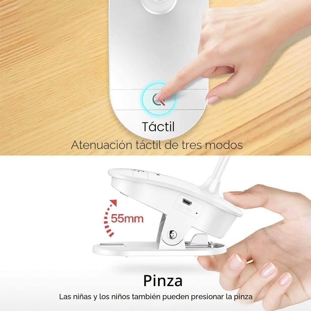 Lámpara con clip, de lectura alimentada por batería, luz de clip para cama con 3 niveles de brillo, recargable por USB