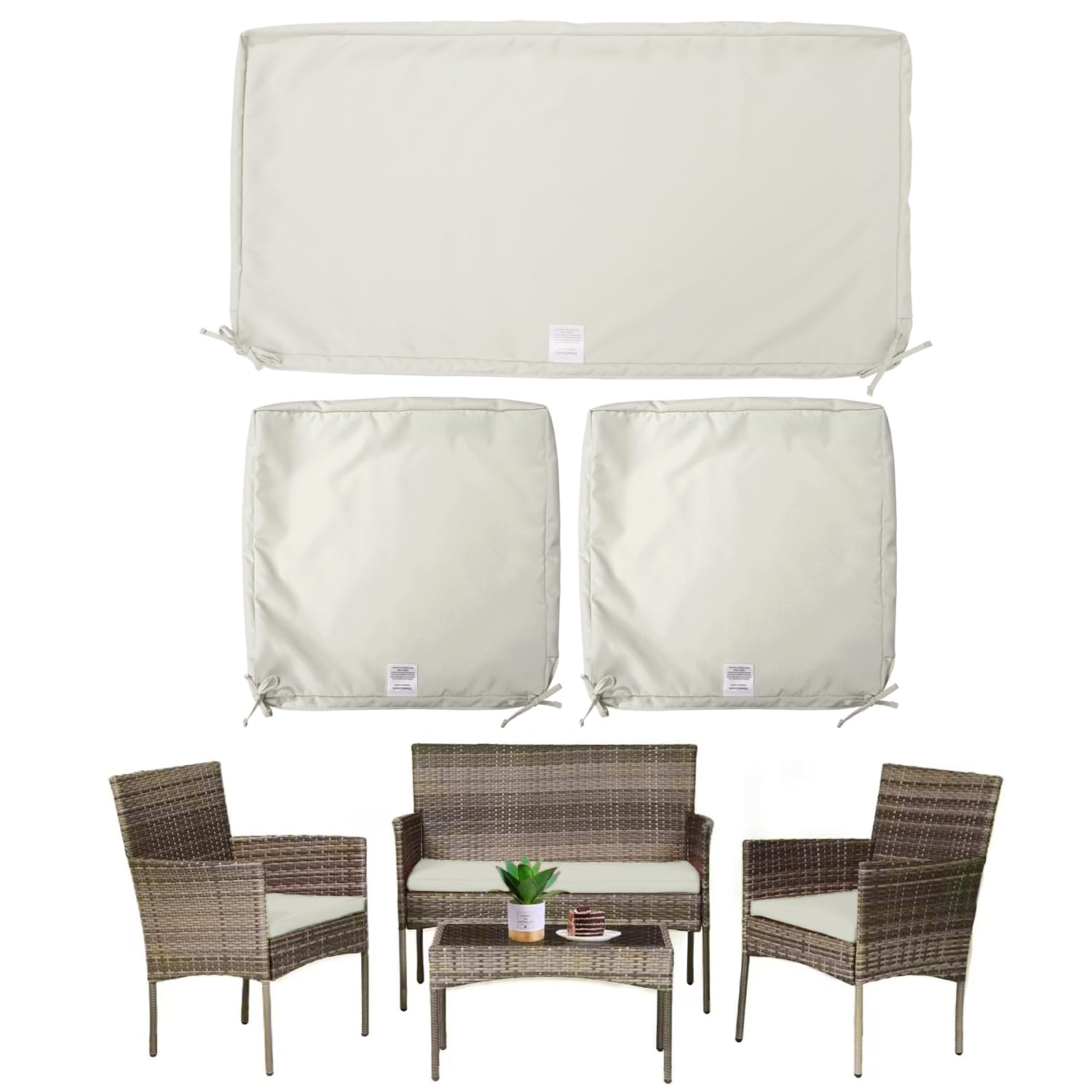 ClawsCover 3Pack Outdoor Seat Cushions Replacement Covers Fit for 4 Pieces Wicker Rattan Patio Furniture Conversation Set Chair Loveseat,36x18x2,18x18x2,Cream-Small (Include Cover Only)