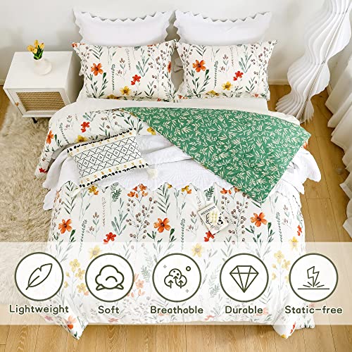 Cozytide King Size Comforter Set, Cotton White Floral Bedding Comforter Sets With Green Botanical Flower Printed 3Pcs Ultra Soft Microfiber Inner Fill Reversible Fluffy Spring Comforter Set #TOP1