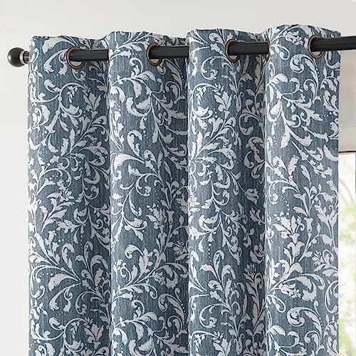 jinchan 100% Blackout Curtains for Bedroom Blue Scroll Floral Window Curtains Grommet Thermal Insulated Drapes for Living Room Farmhouse Vintage Window Treatments Set 84 Inch Length 2 Panels