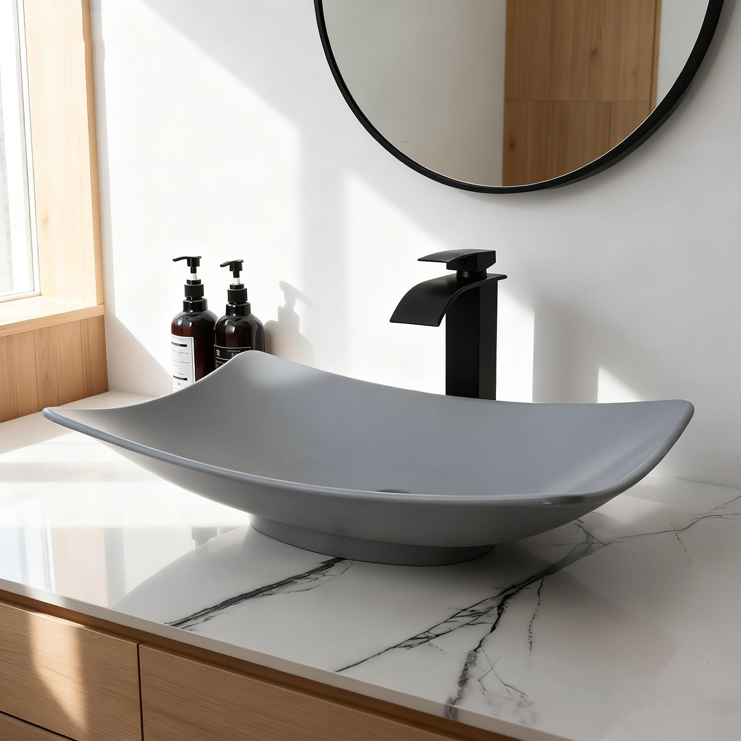 Rectangular Bathroom Vessel Sink with Pop-up Drain 22x14 Inch Gray Stone Resin Basin Bowl Above Counter Bathroom Sinks for Modern Vanities (No Faucet)