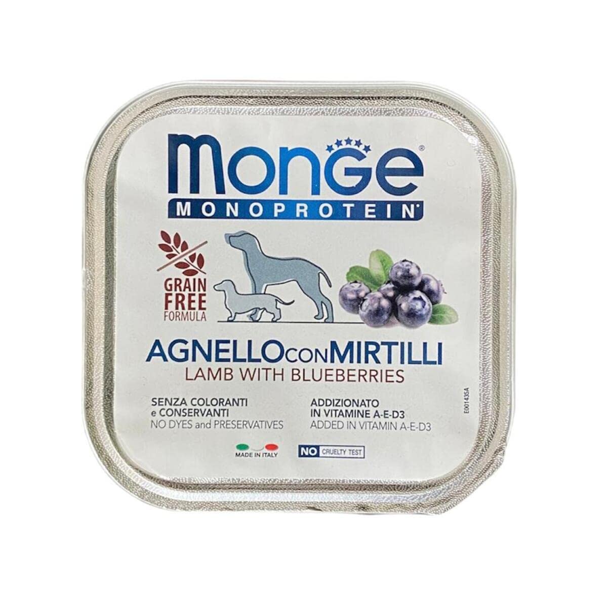 Monge Monoprotein Cibo umido per Cane, gusto Agnello con Mirtilli, senza coloranti, conservanti e zuccheri aggiunti. Confezione da 24 vaschette (1 = 150gr.)