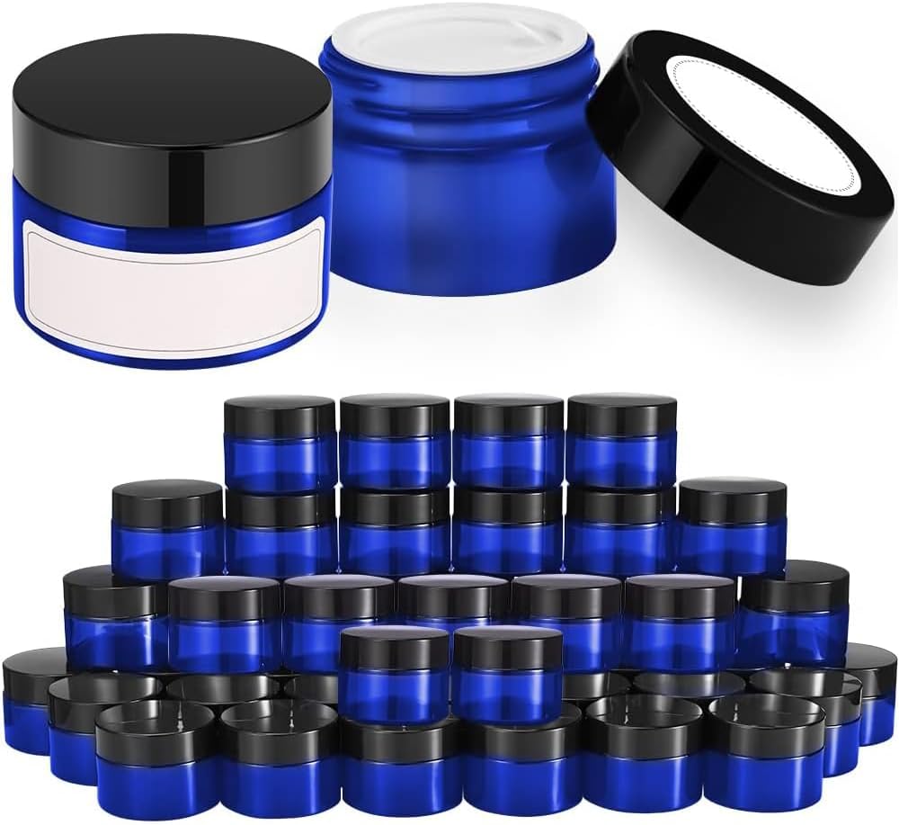 1 oz Glass Jars with Lids, Bumobum 48 pack Amber Cream Jars with Black Lids, Black and White Labels & Inner Liners, Empty Cosmetic Containers for Homemade Balms, Lotion, Salve, Ointment, Body Scrub