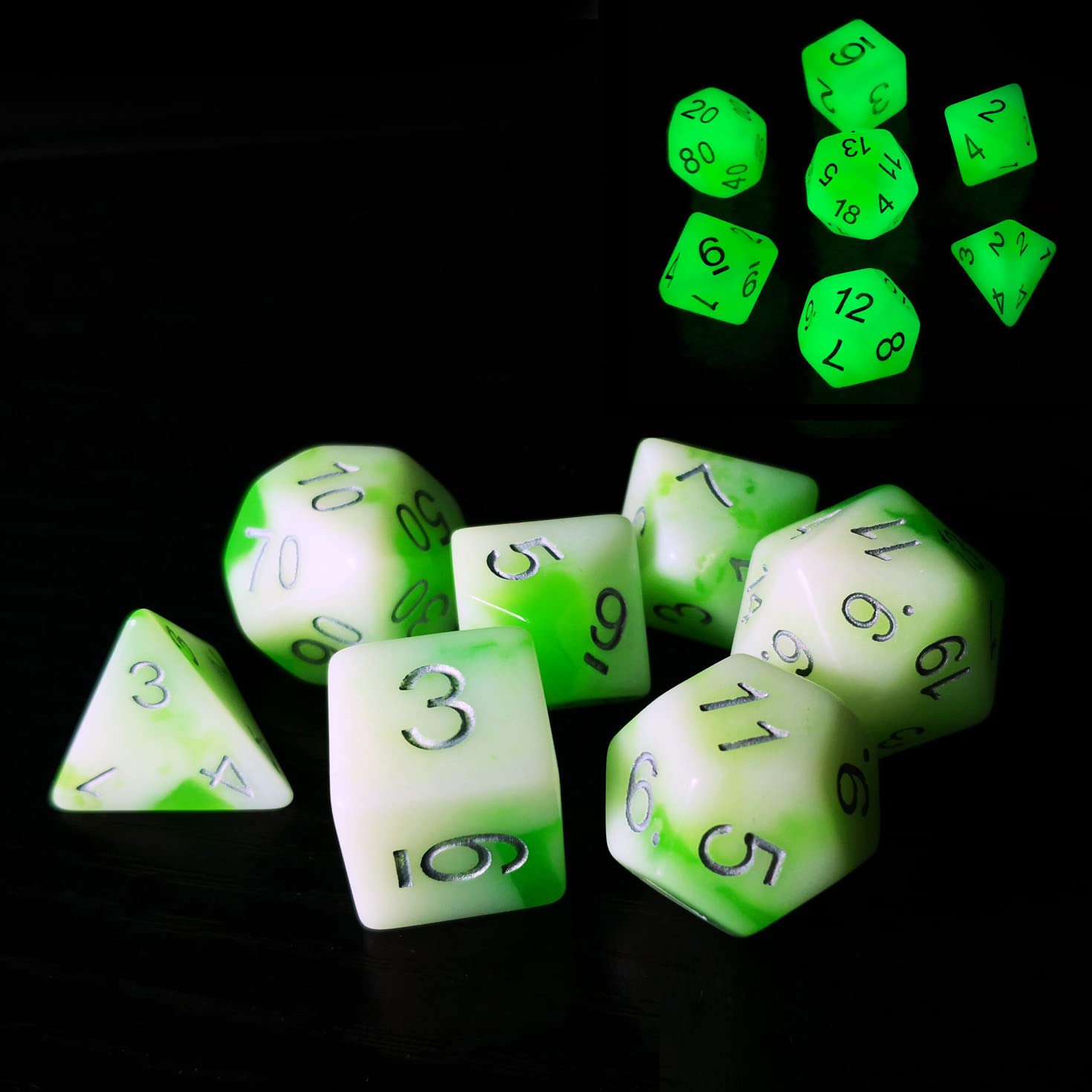 Bescon Glowing Polyhedral RPG Dice Set Luminous Jade, Bescon Glow in Dark Poly Dice Set of 7,DND Role Playing Game Dice