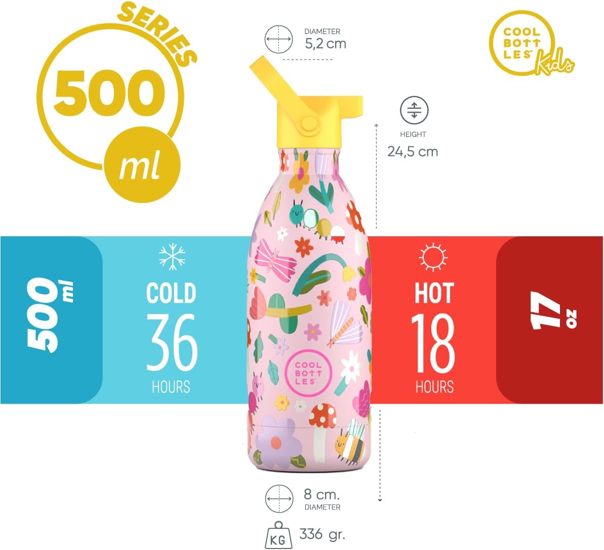 Cool Bottles - Stainless steel water bottle for kids, insulated bottle for kids - Drinks cold for 36 hours and hot for 18 hours- Bug Life 500ml image 3