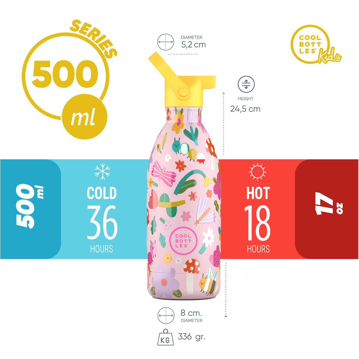 Cool Bottles - Bottiglia d'acqua in acciaio inox per bambini, bottiglia termica per bambini - Bevande fredde per 36 ore e calde per 18 ore- Bug Life 500ml