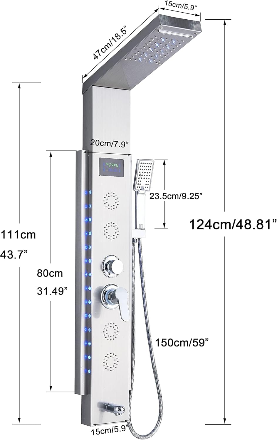 Pannello Doccia Idromassaggio per Vasca con 5 In 1 Funzioni LED Colonna Doccia Set in 304 Acciaio Inox Con Display LCD, Miscelatore Vasca Da Bagno, Soffione Doccia A Cascata Argento